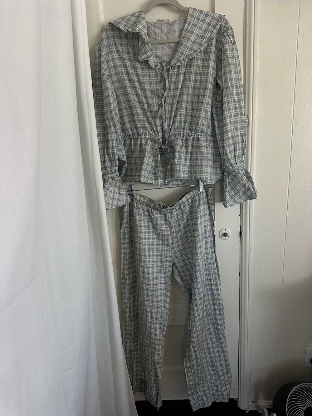 Two-Piece Plaid Lounge Set in Light Gray and White